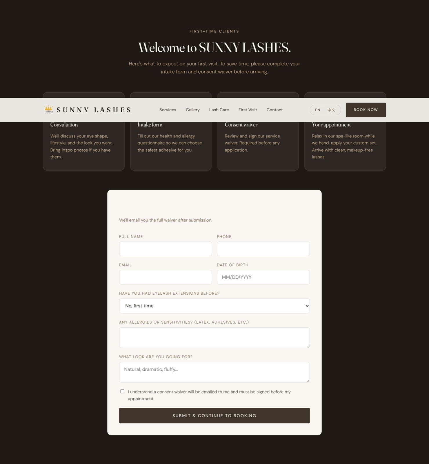 First-visit flow with intake form and consent waiver.